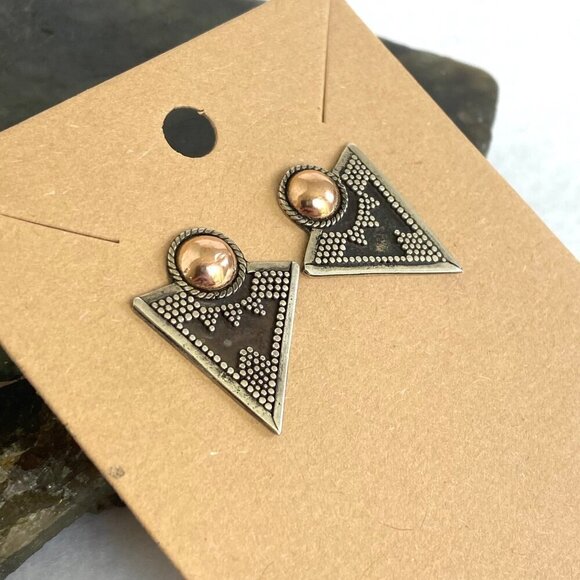 Sterling Silver 925 Gold Vermeil Bali Style Mixed Metal Triangle Stud Earrings - Picture 4 of 16